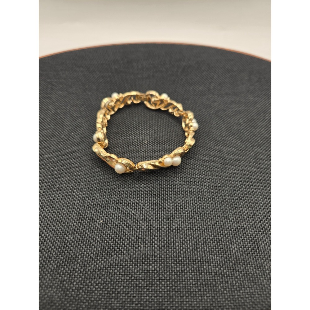 Vintage Trifari Gold Tone Faux Pearl Rhinestone Scroll Link Bracelet 6.5 Inch